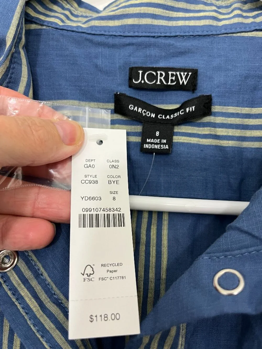 New J.Crew Size 8 Striped Cotton Voile Western Button-Down Shirt
